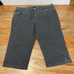Ulla Popken Capri Jeans Studded Rhinestone Hem 24 Black Stone Wash Cropped Pants